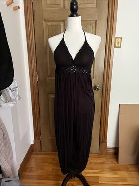Black Halter Lace-Trim Maxi Jumpsuit